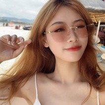 복고 레트로 금장 금테 옅은 사각 브라운 무테 틴트 비치 휴가 선글라스
