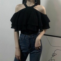 SJW 여름 여성 블라우스 무지 홀터넥 러플 오프숄더 어깨트임 루즈핏 빅사이즈 반팔 셔츠 남방