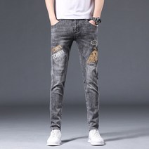 도오빠 노키앙 남성 청바지 데님 팬츠 일자 슬림핏 워싱 자수 패치 남자청바지 스판 남자긴바지