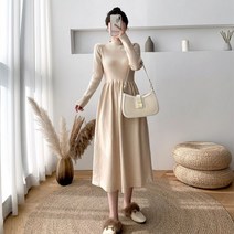 루즈핏 골지 하프넥 허리 셔링 플레어 니트 롱 원피스 넥 데일리 며느리룩 오피스 데이트