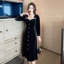 RM 가을원피스 9월하객룩 하객 돌잔치 원피스 프렌치 하트 스퀘어넥 진주장식 퍼프소매 벨벳