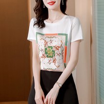 라운드 실크 모조 양잠 배색 반팔 티 여 프린트 스트라이프 반팔 상의
