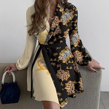 원피스 Vangull 워크 인쇄 여성 드레스 중국 스타일 턴 다운 칼라 쉬폰 긴 소매 레이스 벨트 레이디 미니