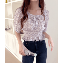 [봄신상/굿퀄리티] 하트넥 스모크밴딩 플라워 블라우스