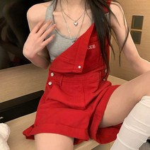 188762 여성 반바지 점프수트 레드 밀크 데님 루즈핏 와이드 레그 멜빵 핫 팬츠