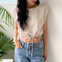 네쥬 여성 여름 린넨 크롭 무지 스트링 나시 블라우스