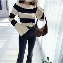 입술넥 단가라 스트라이프 커프스 나팔 소매 니트