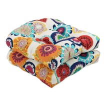 Pillow Perfect 밝은 꽃무늬 실내/실외 의자 시트 쿠션 터프트 날씨 및 변색 방지 48.3cm x 48.3cm19인치 19인치 블루/아이보리 크로스비 2개입 USA 미국, Blue/Ivory Crosby