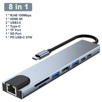usbc허브 썬더볼트허브 노트북usb허브 트리플 디스플레이 usb c 허브 듀얼 모니터 어댑터 노트북 허브 usb c to 2 hdmi 4k+vga+ethernet+100w, 1에서 8