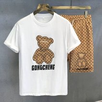 하라주쿠 카키 레트로 베어 체크 무늬 두 조각 세트 하이 스트리트 패션 남성 캐주얼 티셔츠와 반바지 대형