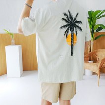 로니제이 남자 여름오버핏 선셋 야자수 반팔 티셔츠