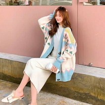 카디건 여성 ​​빈티지 패션 루즈핏 싱글 브레스트 스웨터 포켓