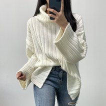 오오엘 여성용 데일리 루즈핏 터틀넥 여리 옆트임 골지 니트