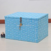 뚜껑이있는정리함 대학생 기숙사 바구니 책 트렁크 앨범 잠금 보관 박스, 길이 40 폭 30 높이 25 cm, 파란색과 흰색 스트립 키 잠금