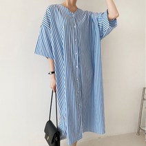 스트라이프 셔츠 롱 원피스 여름 반팔 임부복 F399