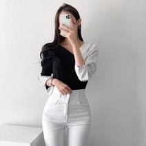 스트라이프긴팔셔츠 봄계절 프렌치 보이핏 볼륨 언발 줄무늬 오픈숄더 상의 여성 고퀄리티 감각 특이한 디자인 4711345062