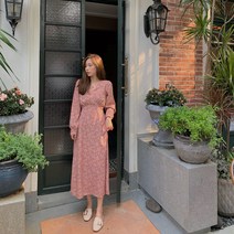 시폰 가을 하늘하늘 잔꽃 브이넥 끈 긴팔 원피스 여성