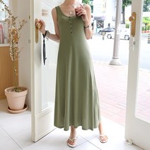 데일리앤 로라 무지 플레어 민소매 버튼 롱원피스