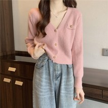 핫핑크가디건 여성 봄 가을 2023 새로운 V 넥 짧은 스웨터 바닥 셔츠 세련된 작은 향수 탑 가을