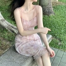 쉬폰 원피스 하객 로맨틱 드레스 서스펜더 프린트 여성