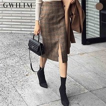 귈림 체크패턴 롱 트임 모직 스커트 GAFSK010P