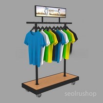 의류 매장 일자형 이동식행거 철제 우드 스탠드 상단광고프레임, 메시선반_1.2X0.5X1.35미터