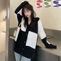 추동 빈티지 바둑판 체크 루즈핏 긴팔 카디건 스웨터 코트녀