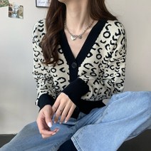 여성 봄 가을 루즈핏 호피무늬 숏 브이넥 니트 가디건 코트 CQDMS078