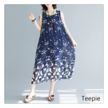 티피/Teepie여성 여름 트렌디하고 엘레강스한 플라워 프린트 라운드 민소매 얇은 A라인 시폰 원피스
