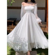 동남아원피스 Horetong-여성용 맥시 드레스 화이트 오프 숄더 퍼프 긴 소매 탄성 허리 파티 가운 프릴 홀리데이