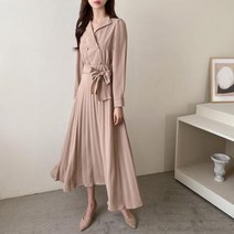 셀러허브(잡화) 여자 더블버튼 카라넥 플리츠 롱 벨트 원피스