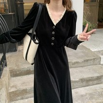 공탱 가을 겨울 하객 벨벳 원피스 블랙 결혼식 키작녀 브이넥 롱원피스 파티드레스 르뚜앙