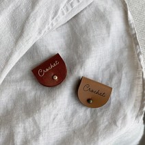 크로셰 양면 가죽 니팅태그 반접는 가죽라벨 라운드형, 체리브라운 금박