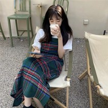 타탄 체크 감령 기질 민소매 멜빵 원피스