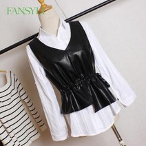 FANSYLI 여성 춘추 가죽조끼 코디 브이넥 숏 가죽조끼 언밸런스 조끼 7J04