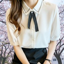 여성 봄 여름 오피스룩 반팔 블라우스 귀여운 넥타이포인트
