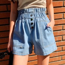 빅포켓 귀여운 버튼 주름 청반바지 데님쇼츠 연청