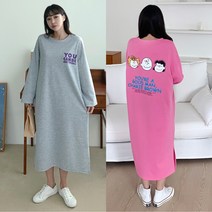 봄 데일리 캐주얼 빅사이즈 캐릭터 밑단 트임 박시핏 긴팔 면 롱 원피스