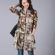 레니본블라우스 튜닉 긴 셔츠 여성 빈티지 코튼 린넨 체크 무늬 소매 스탠드 칼라 캐주얼 탑 및 블라우스