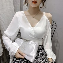 언발 오픈숄더 쉬폰 여성 가을 숏 슬림 스트랩 긴소매 반팔셔츠