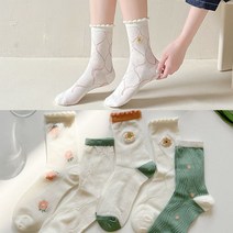 워더미 여성용 봄감성 플라워 프릴 중목 5켤레 세트 W724