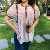 [메이드바이원] 마랑 잔꽃 핀턱 퍼프 셔링 플라워 나염 블라우스 고퉐 수입