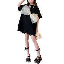 도오빠 왕리보나 아동 원피스 빅티셔츠 반팔 오버핏 라운드넥 리본 장식 미니 면티 키즈 여아 여름