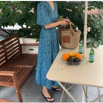 비비드 브이넥 잔꽃 허리끈 포켓 원피스