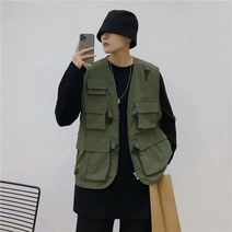 조끼 터리 서바이벌 전술 멀티 ins 기능성 트렌치코트 베스트 남일계 가을 트렌드 힙합 나시 오버사이즈 코트, 밀리터리그린, 2XL