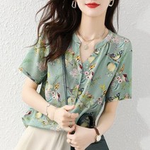 LS79300 V넥 플라워 노카라 데일리 반팔 블라우스