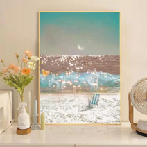 한여름 달빛 바다 풍경 보석십자수 큐빅 페인팅 비즈 구슬 십자수 도안 DIY 부자재 패키지, 50x70cm