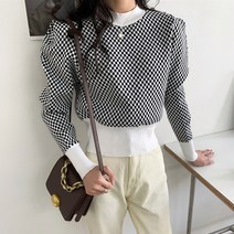 메이킹유 스웨터 크롭 체크니트 아가일 바둑무늬 어깨퍼프 3387모슨니트