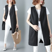 토파즈 TT0751 여자 봄 여름 가을 마 린넨 면혼방 미디 롱 노카라 루즈핏 포켓 베스트 조끼 데일리룩