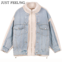 JUST FEEL!NG 데님 배색 램스울 코트 여 가을 겨울핏 박시 박시 하프 톱 여자데님자켓